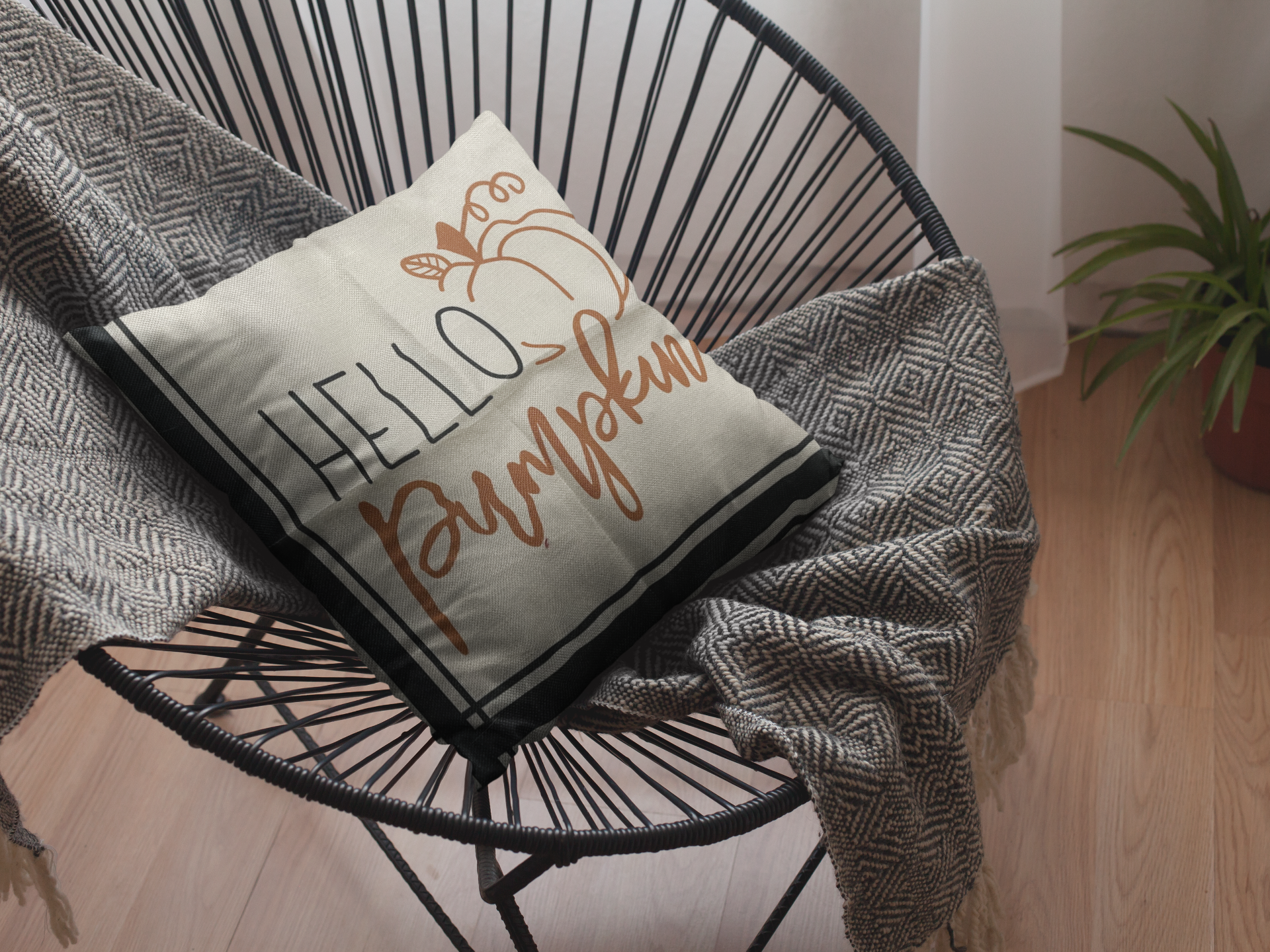 Creme canvas Hello Pumpkin square pillow cover black and orange letters