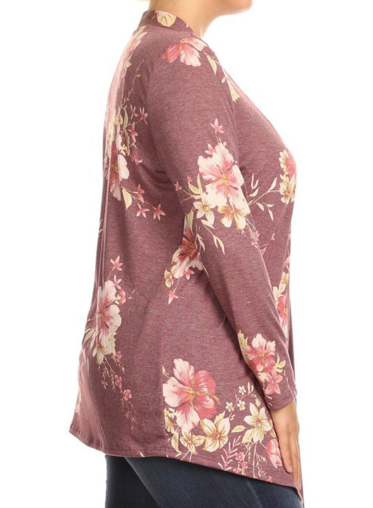 Floral Open Front Cardigan- Burgundy