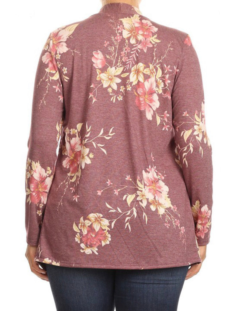 Floral Open Front Cardigan- Burgundy