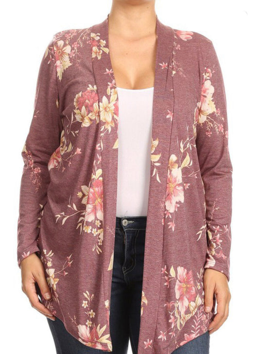 Floral Open Front Cardigan- Burgundy