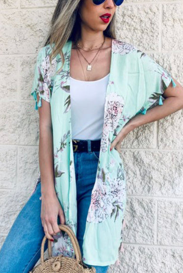 Mint Floral Printed Kimono